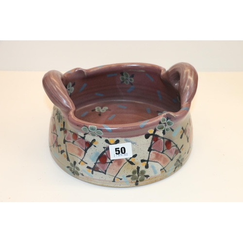 50 - David Body Scottish Studio Pottery twin-handled bowl decorated with flowers and coloured shapes, sig... 