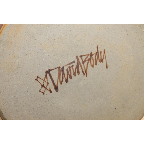 50 - David Body Scottish Studio Pottery twin-handled bowl decorated with flowers and coloured shapes, sig... 