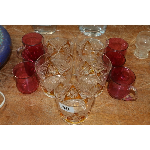 59 - Set of five flash cut tumblers and six cranberry glass cups.