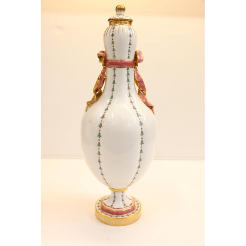 6 - Victorian porcelain lidded vase, with pink and gilt ribbon decoration.