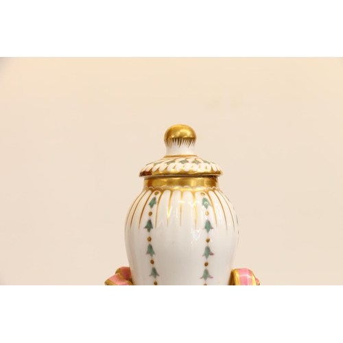 6 - Victorian porcelain lidded vase, with pink and gilt ribbon decoration.