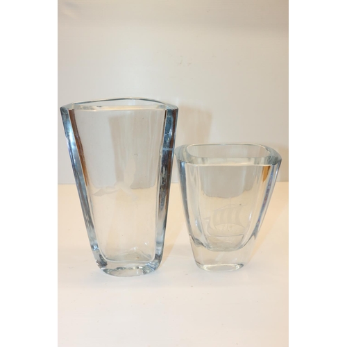 60 - Scandinavian glass vase with etched bird decoration, indistinctly signed to base, and another.