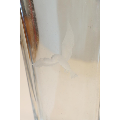 60 - Scandinavian glass vase with etched bird decoration, indistinctly signed to base, and another.