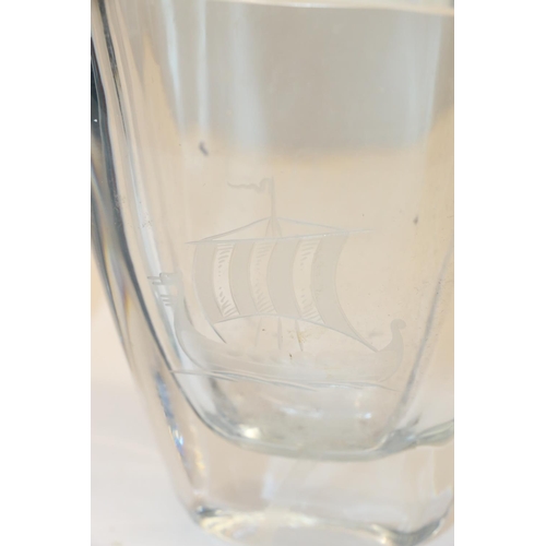 60 - Scandinavian glass vase with etched bird decoration, indistinctly signed to base, and another.