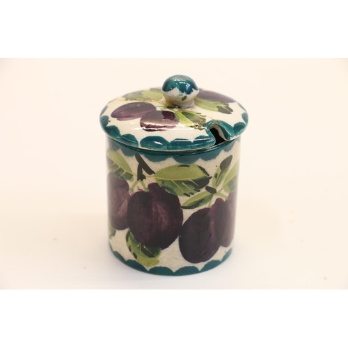 7 - Wemyss plum decorated preserve pot, 8cm.  (a/f)