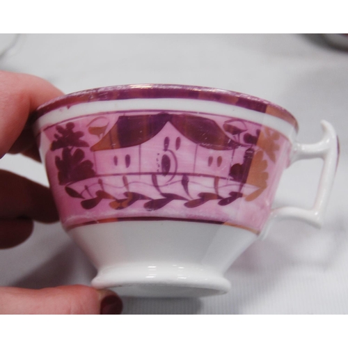 172 - Collection of Victorian Sutherland lustre teawares comprising a red lustre decorated plate, porridge... 
