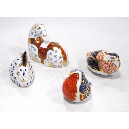 173 - Four Royal Crown Derby animal paperweights modelled as a robin redbreast, horse, rabbit and another ... 