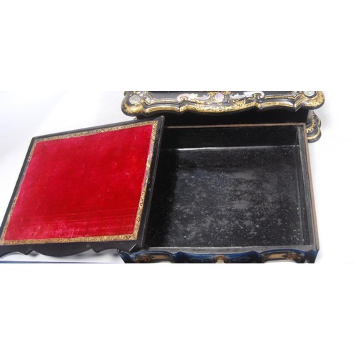 134 - Victorian black papier mâché gilt and mother of pearl desk stand with integral stamp box and pen wel... 