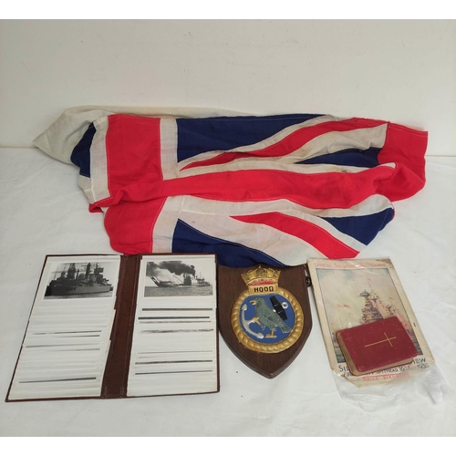 440 - Royal White Ensign flag from HMS Hood together with a plaque depicting a bird with anchor in claw wi... 