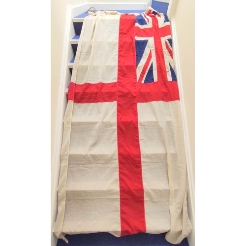 440 - Royal White Ensign flag from HMS Hood together with a plaque depicting a bird with anchor in claw wi... 