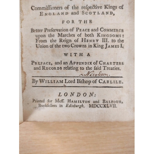 294 - NICOLSON WILLIAM, Lord Bishop of Carlile.  Leges Marchiarum or Border-Laws. Rubbed calf, splitting a... 