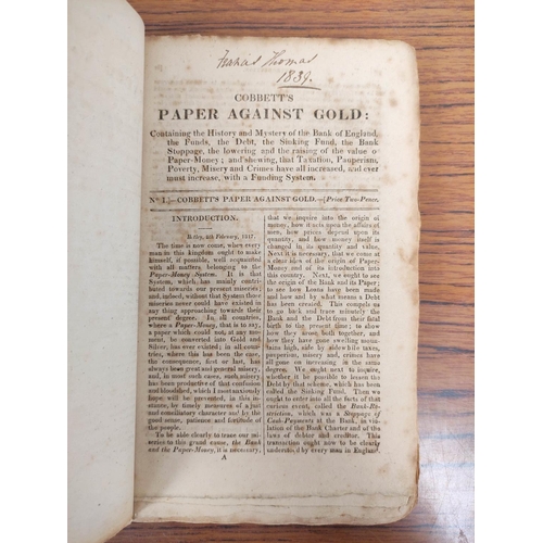 326 - COBBETT WILLIAM.  Paper Against Gold. Orig. parts in rebacked brds. Foxing & browning.... 