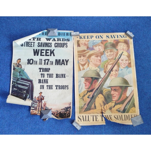 160 - WW2 Posters. Two British 1940s paper posters the first issued in 1944 depicts two soldiers against a... 