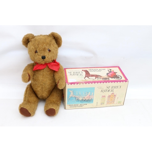 135 - The Dean's / Gwentoy Group musical mohair bear with red bow, 40cm tall and a Hong Kong made battery ... 