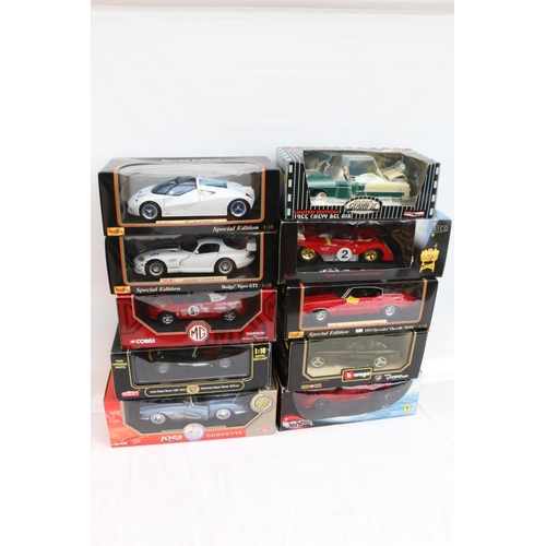 95 - Ten 1:18 scale diecast collectors model cars including Motor Max 73109 1958 Chevrolet Corvette, Anso... 