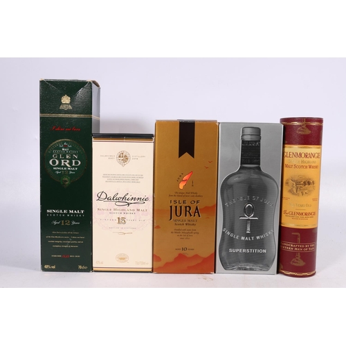 165 - Five bottles of single malt Scotch whisky including DALWHINNIE 15 year old 43% abv 70cl, ISLE OF JUR... 