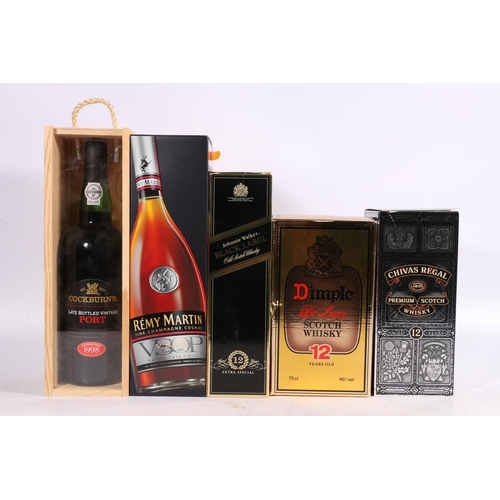 166 - Five bottles including DIMPLE 12 year old de luxe Scotch whisky 40% 75cl, CHIVAS REGAL blended whisk... 