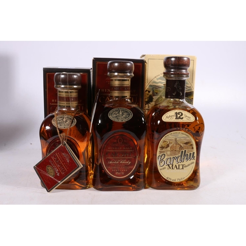 198 - Three bottles of CARDHU Highland single malt Scotch whisky including old style 12 year old with pict... 