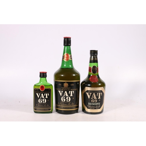 199 - Three bottles of VAT 69 blended Scotch whisky including 40% 1.13litres, Reserve 40% abv 75cl and 43&... 