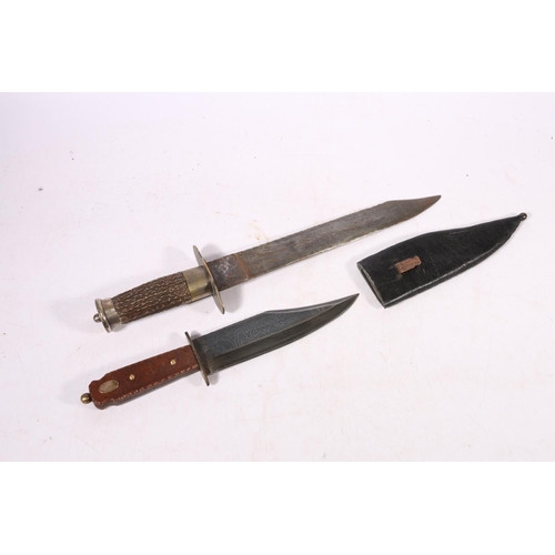 432 - Hunters Bowie style knife with stag horn handle 43cm long and another smaller with leather sheath 30... 