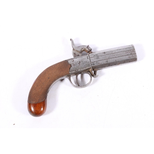 436 - Antique percussion cap pistol with over/under double rotating barrel and chequered grip, 18cm long.&... 