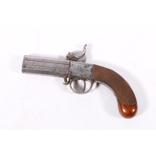 436 - Antique percussion cap pistol with over/under double rotating barrel and chequered grip, 18cm long.&... 