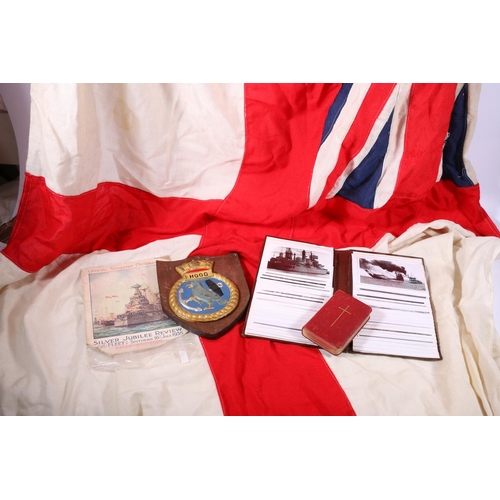 440 - Royal White Ensign flag from HMS Hood together with a plaque depicting a bird with anchor in claw wi... 