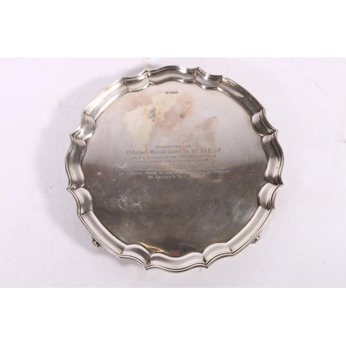 456 - George V silver salver with piecrust edge and inscription 