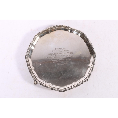 457 - George V silver salver with feathered edge and inscription 