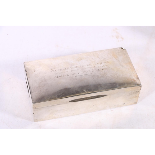 458 - George V silver cigarette box with wood lined two division interior having inscription 