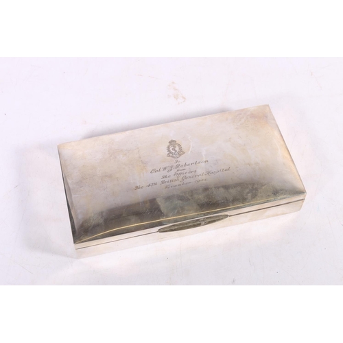 459 - Cigarette box with wood lined triple division interior, engraved with Royal Army Medical Corps RAMC ... 