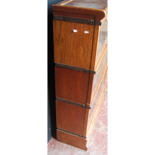 338 - Globe Wernicke oak stacking bookcase, with three glazed sections, on base, with label to each sectio... 