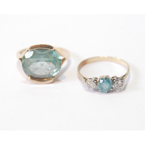 20 - Diamond and blue zircon three-stone ring, probably 18ct, and another, blue spinel, 'K18', sizes O an... 