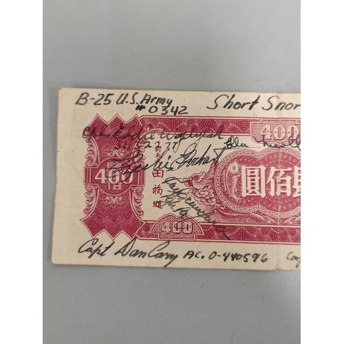 159 - US Military: Chinese 400 Yuan Short Snorter banknote bearing the text Canton to Shanghai 17th Nov 19... 