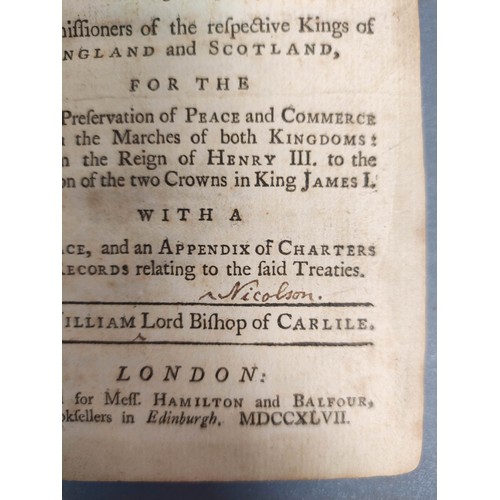 294 - NICOLSON WILLIAM, Lord Bishop of Carlile.  Leges Marchiarum or Border-Laws. Rubbed calf, splitting a... 