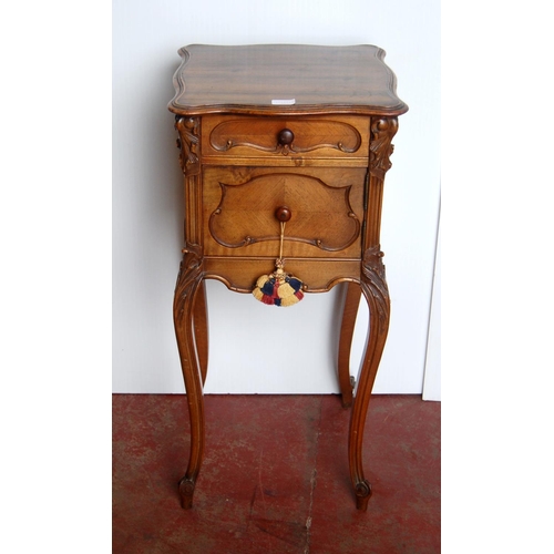 346 - French-style walnut pot cupboard, the shaped top above a short drawer and cupboard door, on acanthus... 