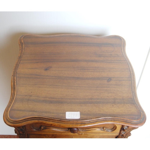 346 - French-style walnut pot cupboard, the shaped top above a short drawer and cupboard door, on acanthus... 