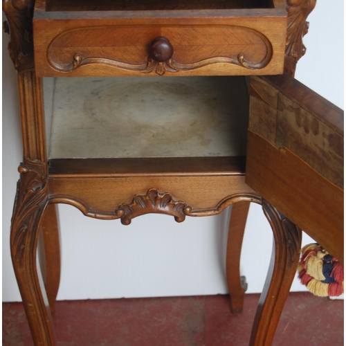 346 - French-style walnut pot cupboard, the shaped top above a short drawer and cupboard door, on acanthus... 