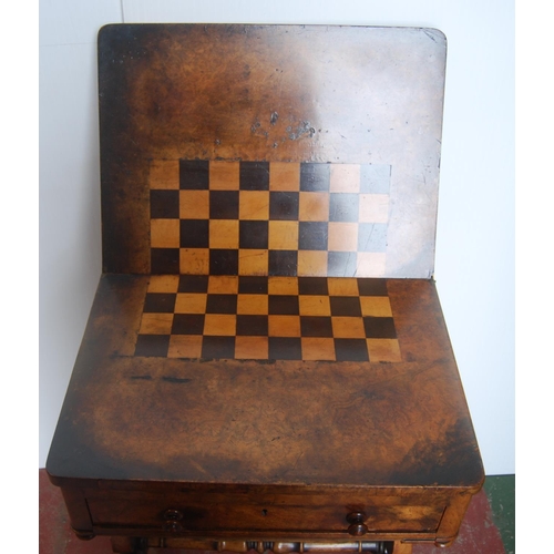 362 - 19th century walnut games table, the swivel fold-over top enclosing a satinwood and ebony chess boar... 