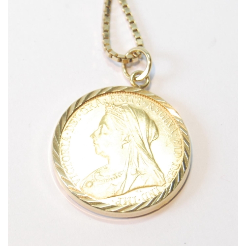 31 - Gold sovereign, 1901, with detachable gold pendant mount and necklet (18ct.750), 14.7g gross.