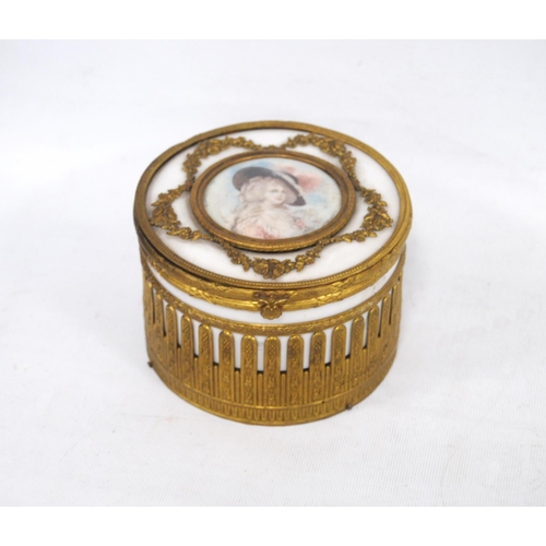 139 - French-style ormolu and ceramic musical jewellery box, the cylindrical box with a classical female p... 
