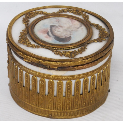139 - French-style ormolu and ceramic musical jewellery box, the cylindrical box with a classical female p... 