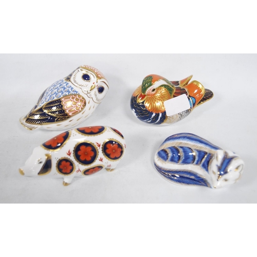 180 - Four Royal Crown Derby paperweights modelled as an owl, pig, bird and a fox, stopper to the undersid... 