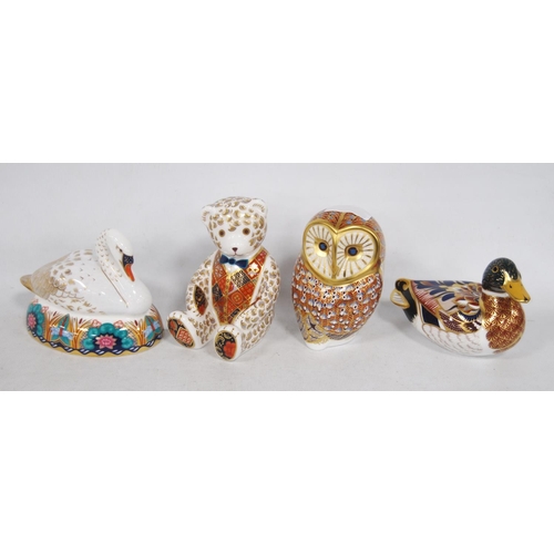181 - Four Royal Crown Derby animal paperweights modelled as a teddy bear, owl, duck and a swan, stopper t... 