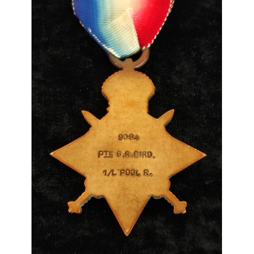 145 - WW1- Mons Star medal trio awarded to PTE G.R Bird 9094 Liverpool Regiment comprising of a 1914 Mons ... 