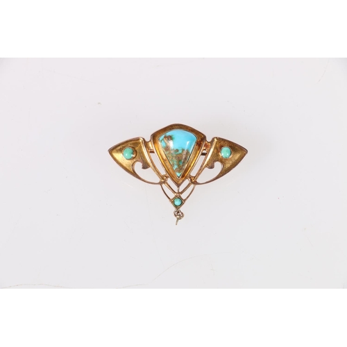 104 - Art Nouveau 9ct gold brooch of fan shape set with four turquoise stones, stamped 