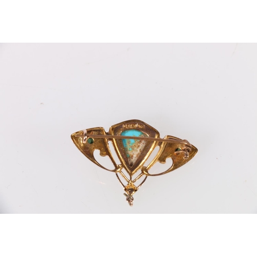 104 - Art Nouveau 9ct gold brooch of fan shape set with four turquoise stones, stamped 