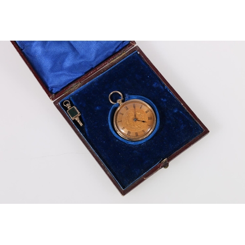 107 - 18ct gold cased open faced key wound pocket watch by Hammond and Son of Manchester, the engraved dia... 