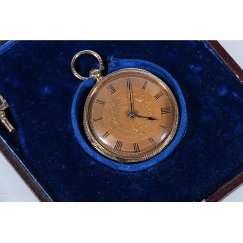 107 - 18ct gold cased open faced key wound pocket watch by Hammond and Son of Manchester, the engraved dia... 