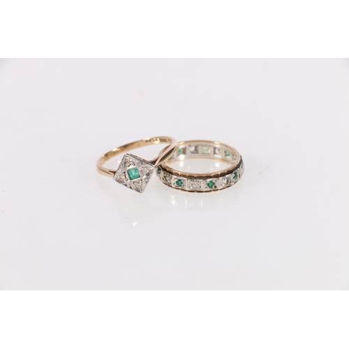 111 - Art Deco 9ct gold and platinum lady's cocktail ring set with emerald and diamond, 2g, size N, and an... 